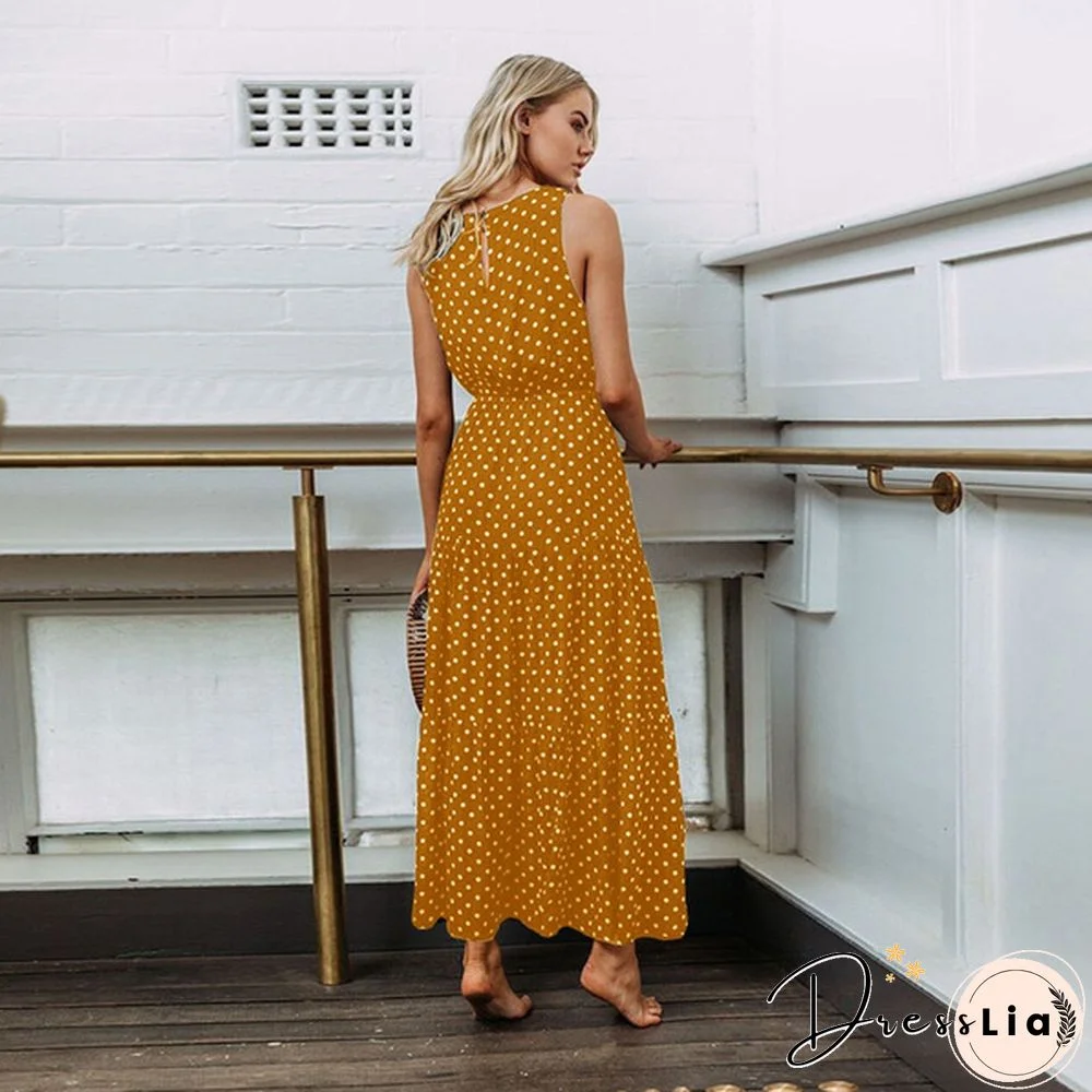 Holiday Summer Women Boho Sleeveless Maxi Polka Dot Dress Casual Beach Long Dress