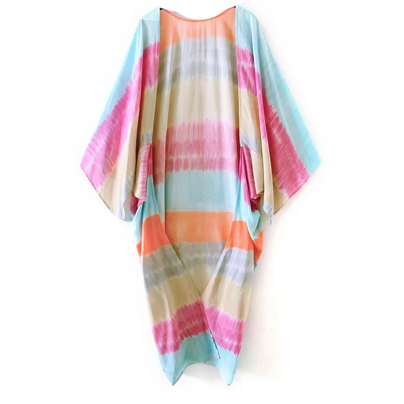 Fitshinling Colorful Summer 2021 Beach Cover Up Tie Dye Striped Oversize Kimono Swimwear Bohemian Vintage Bikini Outing Cardigan