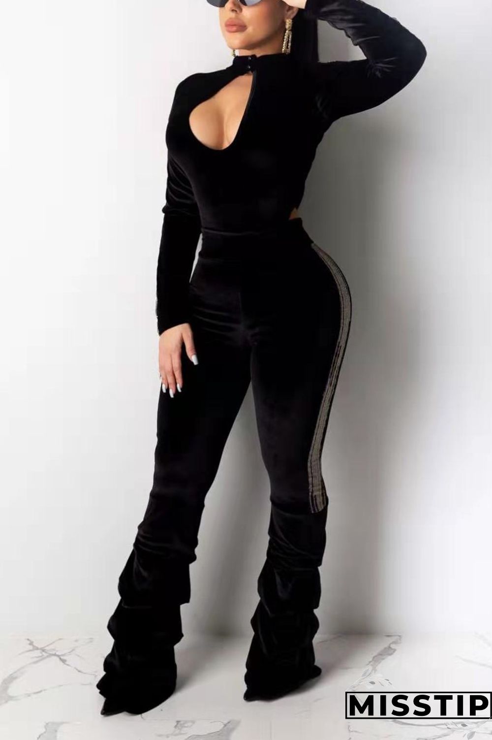 Black Sexy Patchwork Two Piece Suits Solid Loose Long Sleeve