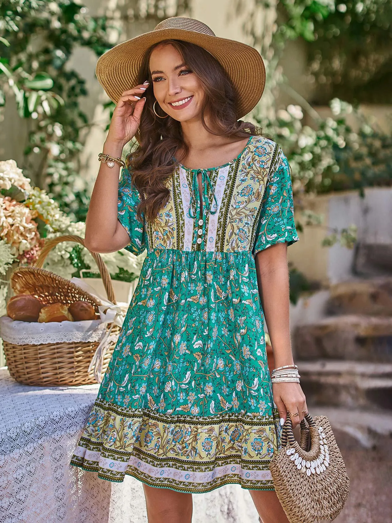 A line Dress Bohemian Rayon Positioning Floral Green Dress
