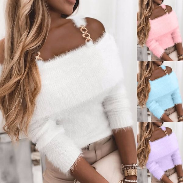 NEW Autumn Winter Fashion Women Sexy Slim Off Shoulder Plush Sweater Solid Color Elegant Straight Collar Metal Shoulder Strap Warm Knitted Sweater Lady Casual Long Sleeves Fur Pullover Outwear - Shop Trendy Women's Fashion | TeeYours