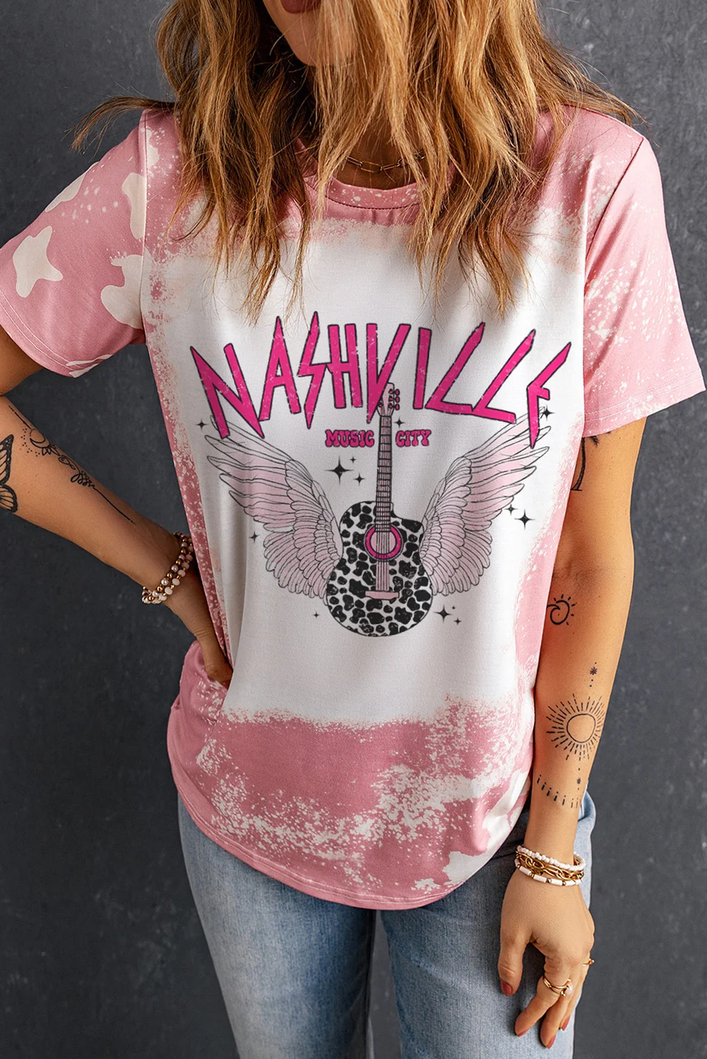 Pink NASHVILLE Music City Tie Dye Print Graphic T Shirt | IFYHOME