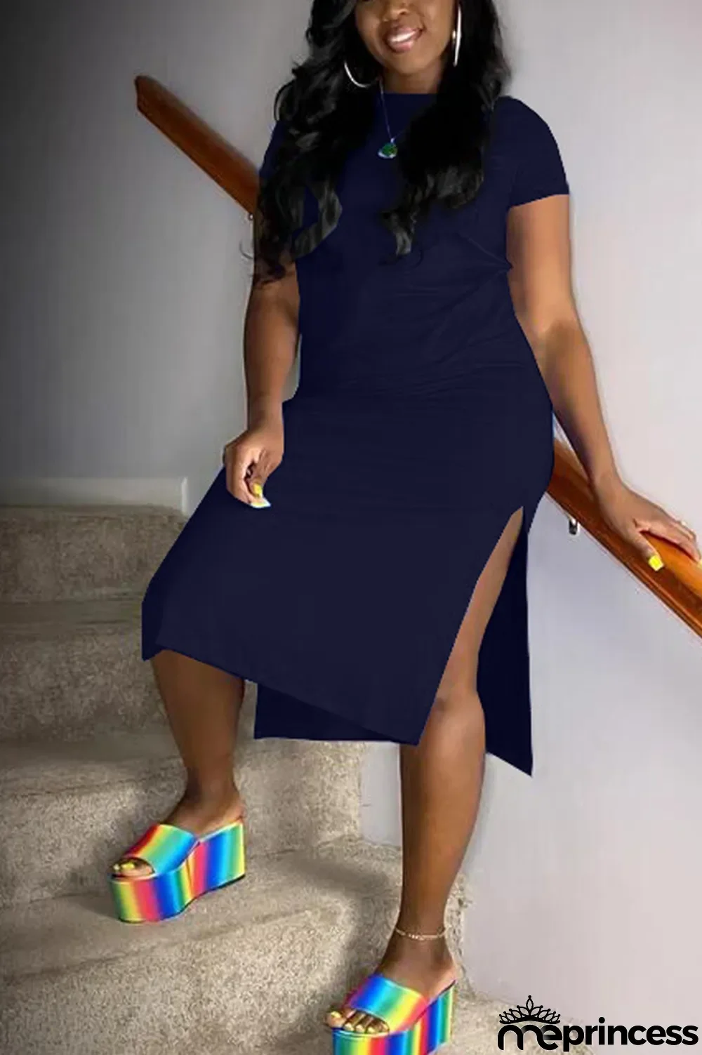 Hide Blue Sexy Short Sleeves O neck Swagger Knee-Length Solid split Dresses