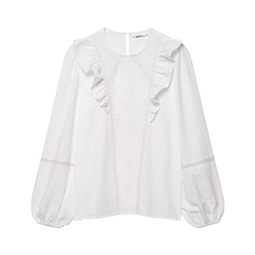 Nigikala Nigikala New Fashion Temperament Women's Pure Color Flower Embroidery Shirt 7200226