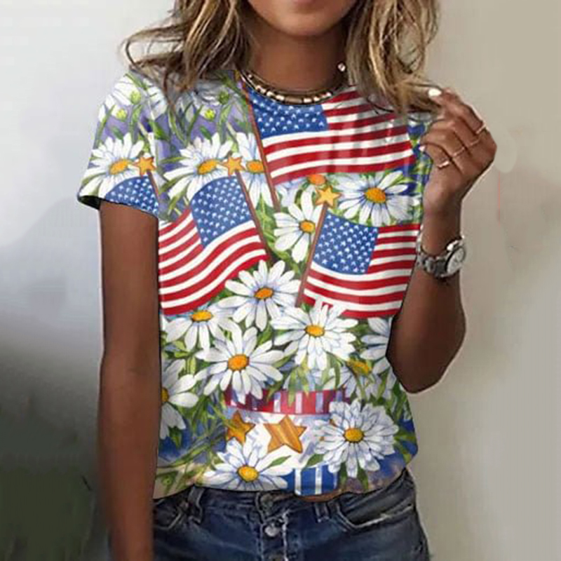 Comstylish Independence Day Daisy Flag Print T-Shirt