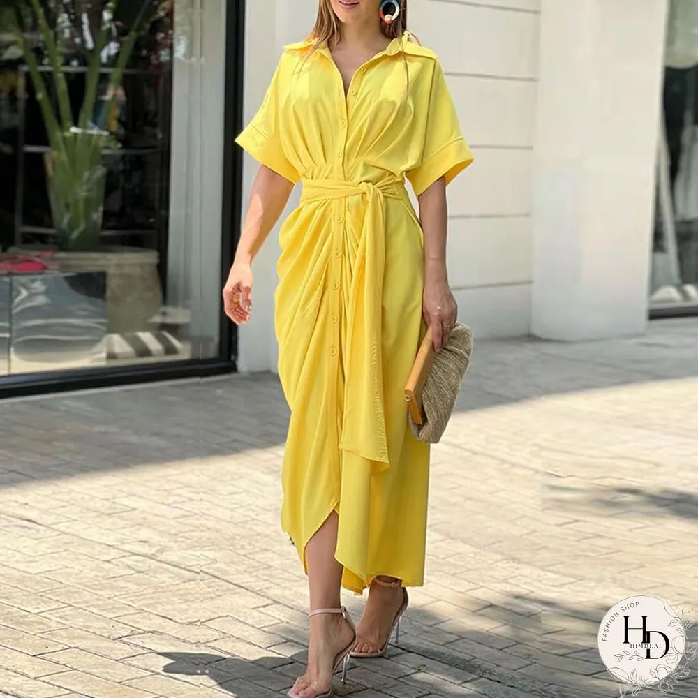 Lapel Mid Length Short Sleeve Single Breasted High Waist Shirt Dress