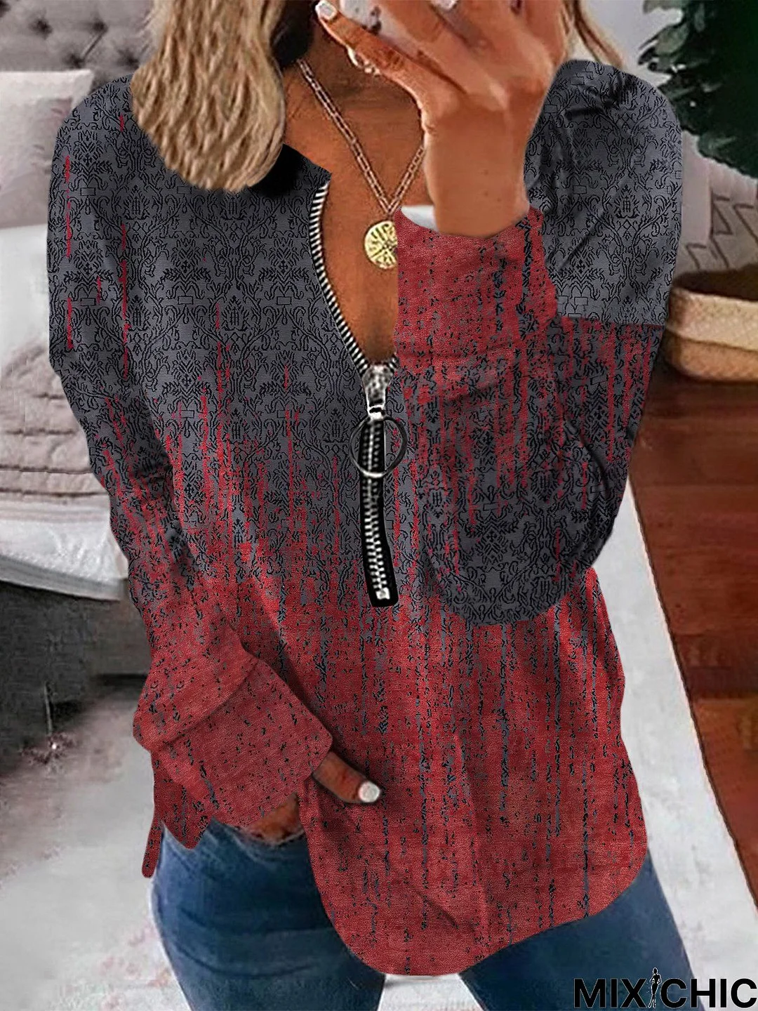 Ethnic Printed Long Sleeve Zipper V Neck Casual Tunic Sweatshirt