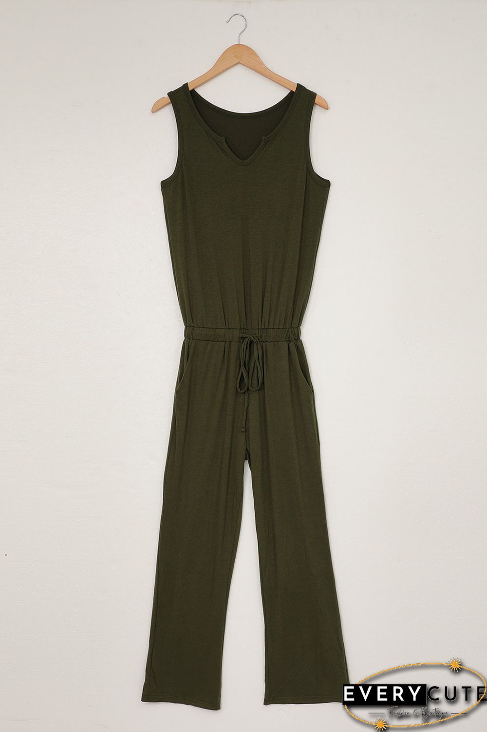Green Split Neck Drawstring Waist Sleeveless Jumpsuit