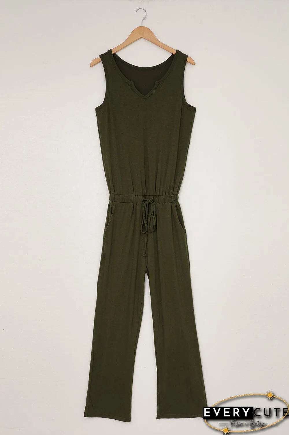 Green Split Neck Drawstring Waist Sleeveless Jumpsuit