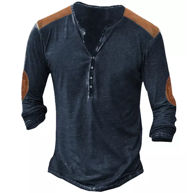 Men's Retro Stitching Color Contrast Henley Long Sleeve T-Shirt
