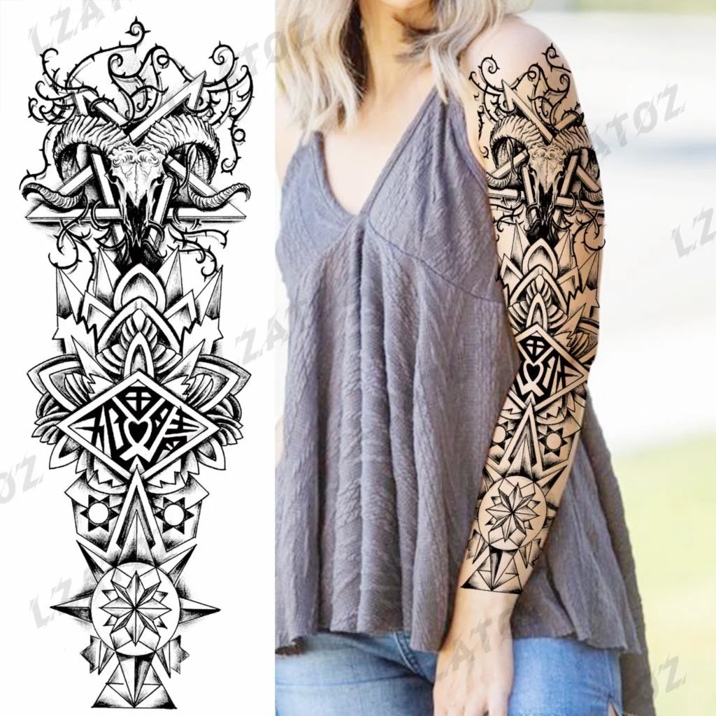 Sdrawing Sleeve Temporary Tattoos For Men Women Realistic Pirate Ship Wolf Tiger Skull Rose Flower Fake Tattoo Sticker Arm Tatoos