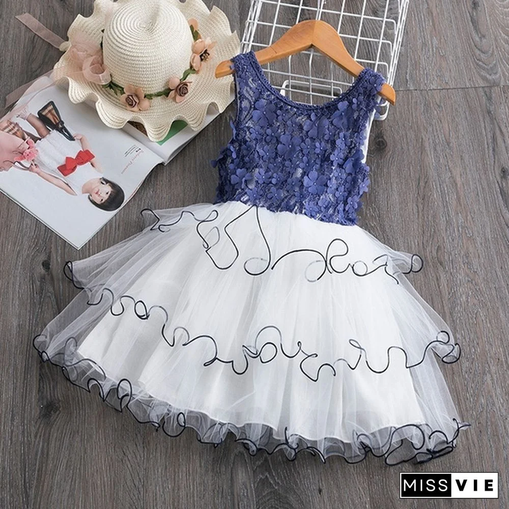 Girl's Fashion Backless Dress Appliques Flower Clothes Layered Mesh Princess Dress for Summer Beach Casual Wear 2 Styles