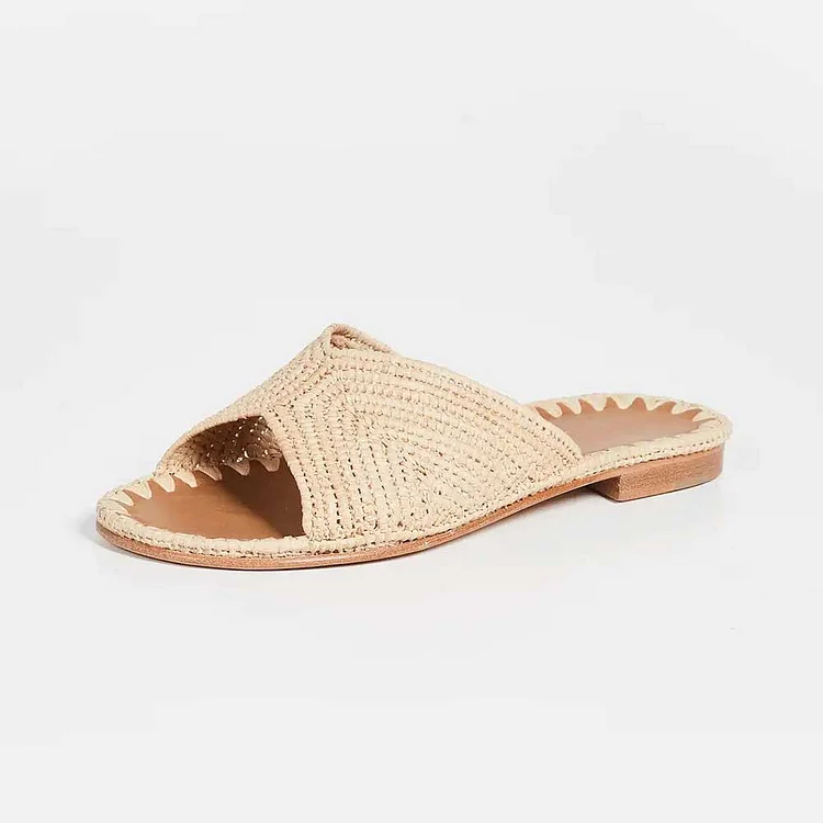 Slip-On Nude Woven Raffia Open Toe Flat Slide Sandals for Women |FSJ Shoes