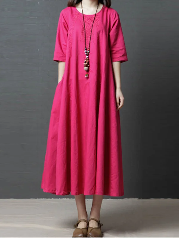3 Colors Loose Embroidery Floral Round-Neck Half Sleeve Dress