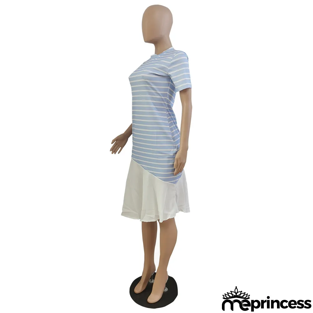 Women'S Spring Summer Stripe Print Patchwork Short Sleeve Dress Without Belt