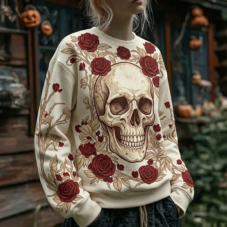 Women's Retro Halloween Skull And Floral Print Crew Neck Sweatshirt