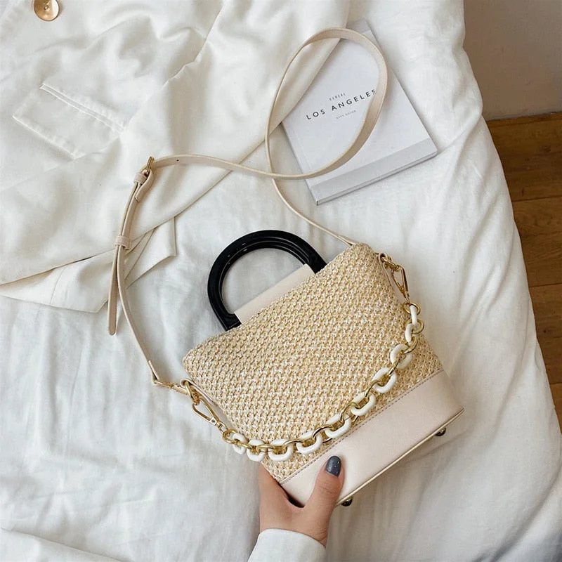 Elegant Female Tote Bucket bag 2021 Summer New High-quality Straw Women's Designer Handbag Woven Travel Shoulder Messenger Bag