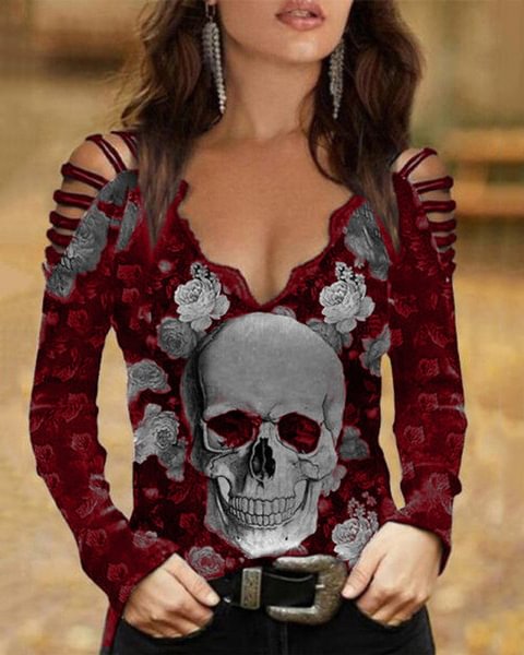New skull print V-neck lace strapless long-sleeved T-shirt women