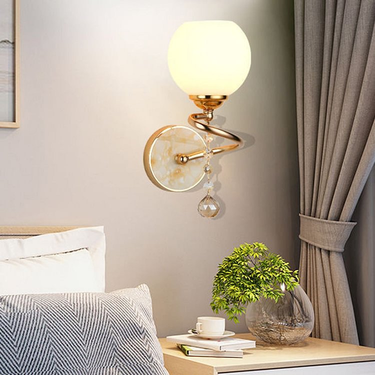 Dome Bedroom Sconce Light Traditional Frosted Glass 1 Head Gold/Chrome Wall Lighting Fixture with Crystal Ball