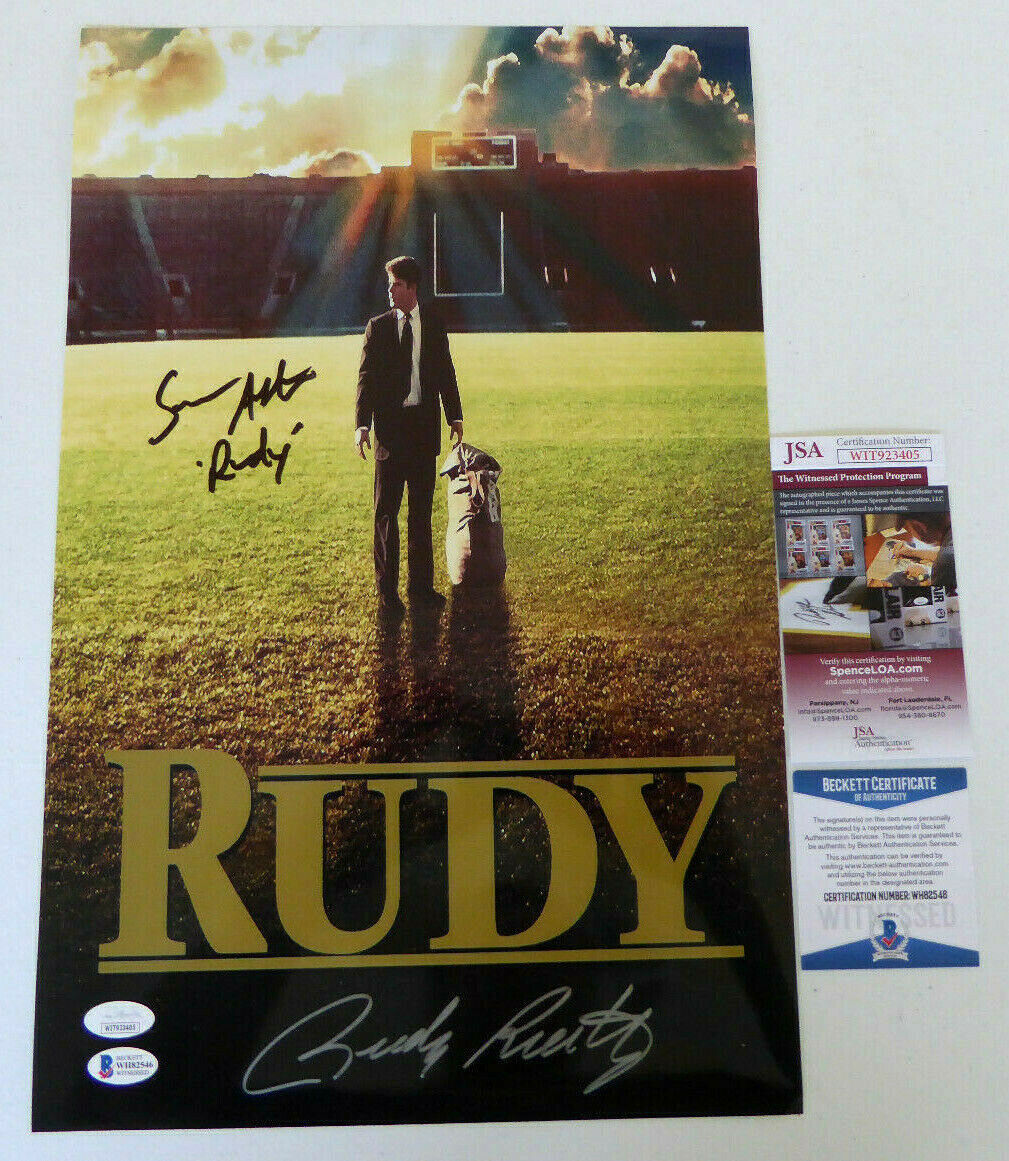 Sean Astin & Rudy Ruettiger Dual Signed 11x17 Movie Photo Poster painting Autograph BAS JSA COA