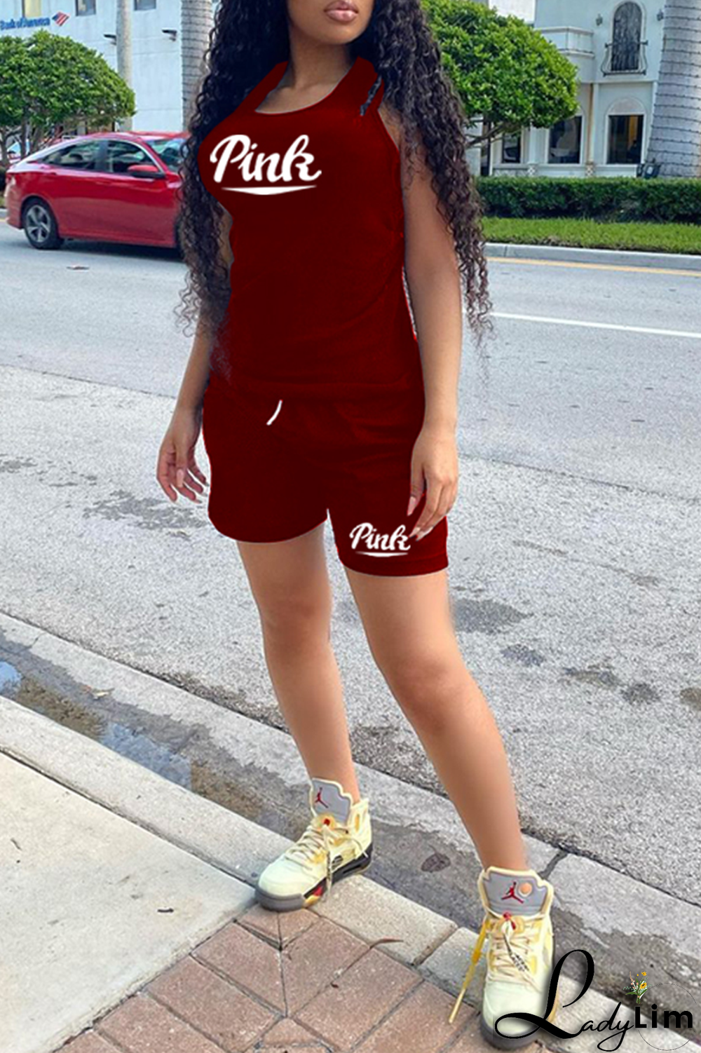 Burgundy Fashion Print Patchwork U Neck Sleeveless Two Pieces