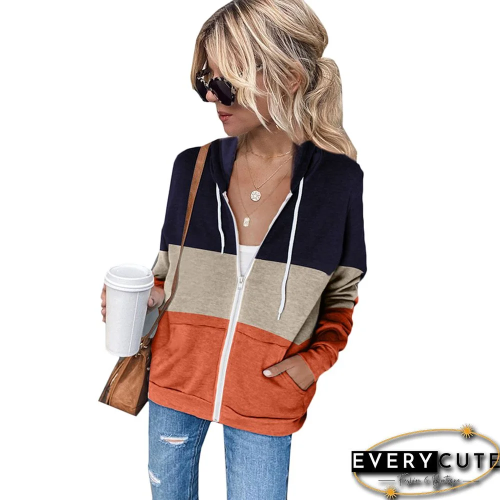 Orange Color Block Zip Kangaroo Pocket Hoodie