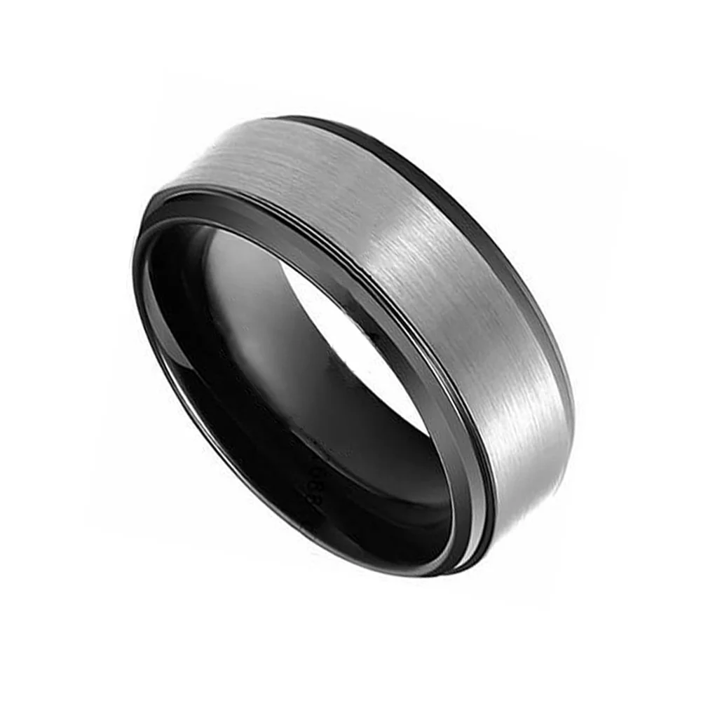 6MM 8MM Gray Matte Brushed Tungsten Carbide Black Step Edge Mens Wedding Bands