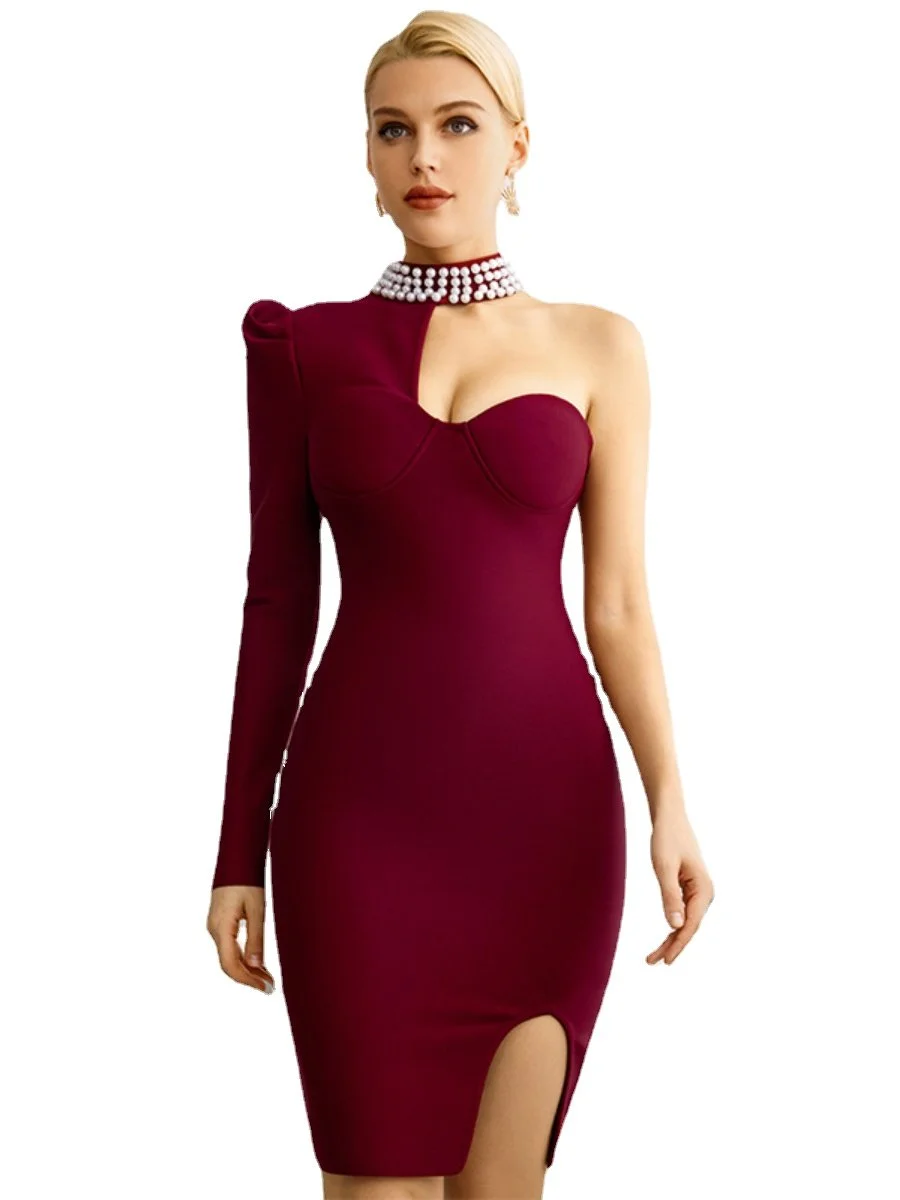 Women's Prom Dress Pearl Beaded One Shoulder Bandage Bodycon Dress