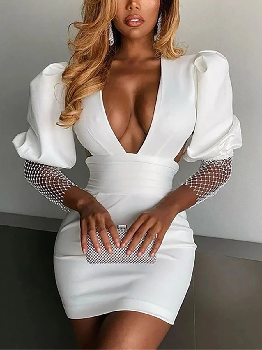 Sexy Deep V Balloon Sleeve Dress
