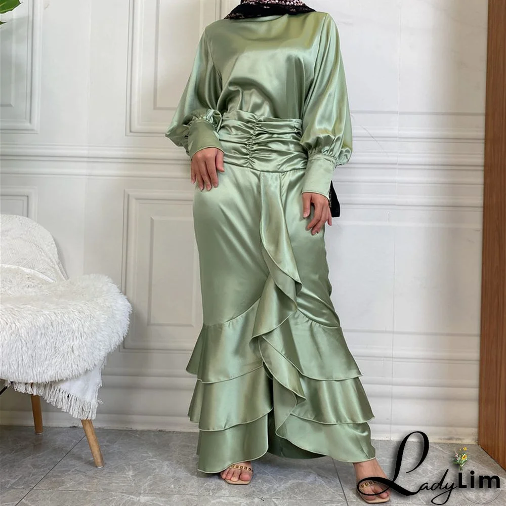 Women Islamic Round Neck Shirt Muslim Maxi Dress Two Piece Set