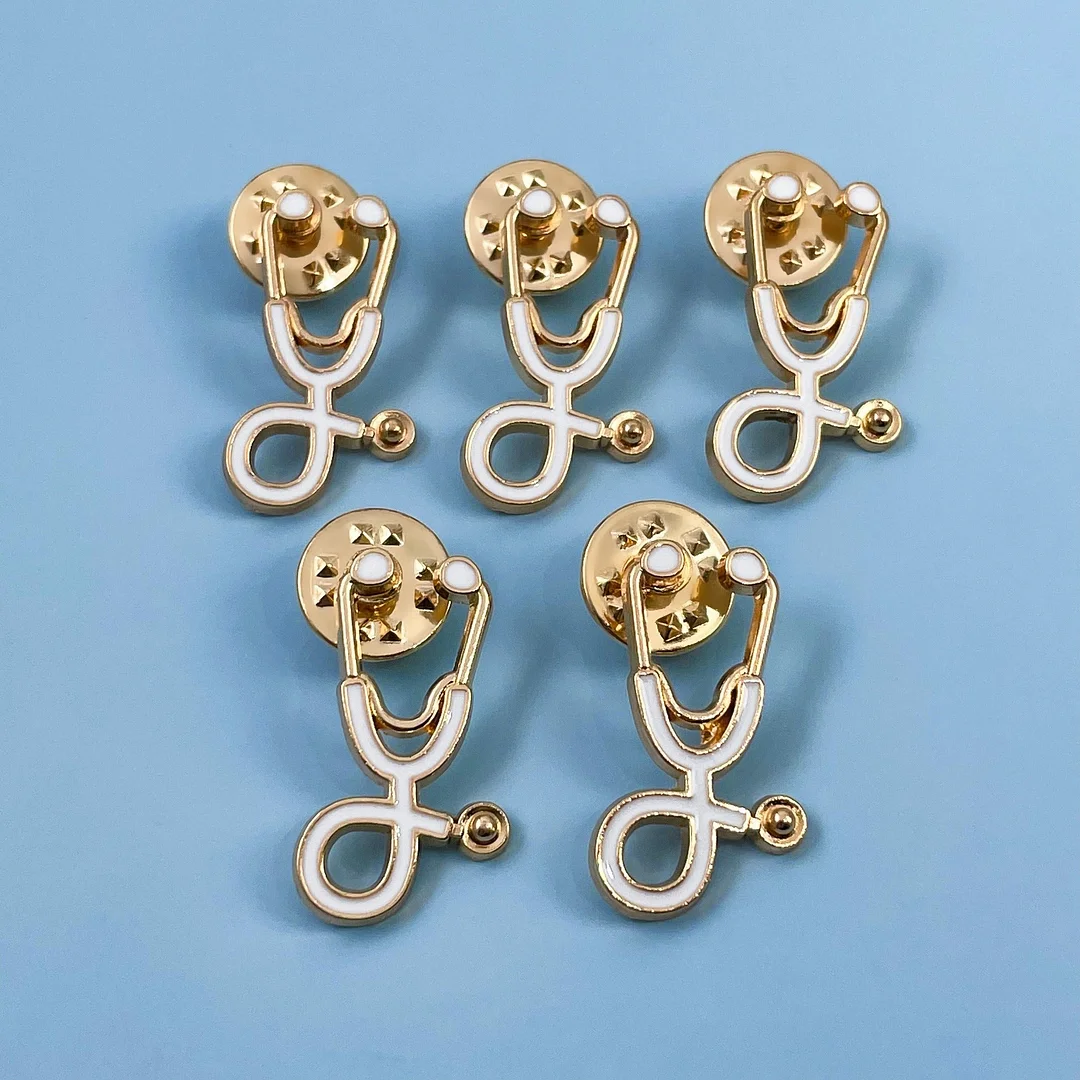 5pc White/Gold Stethoscope Pin Pack