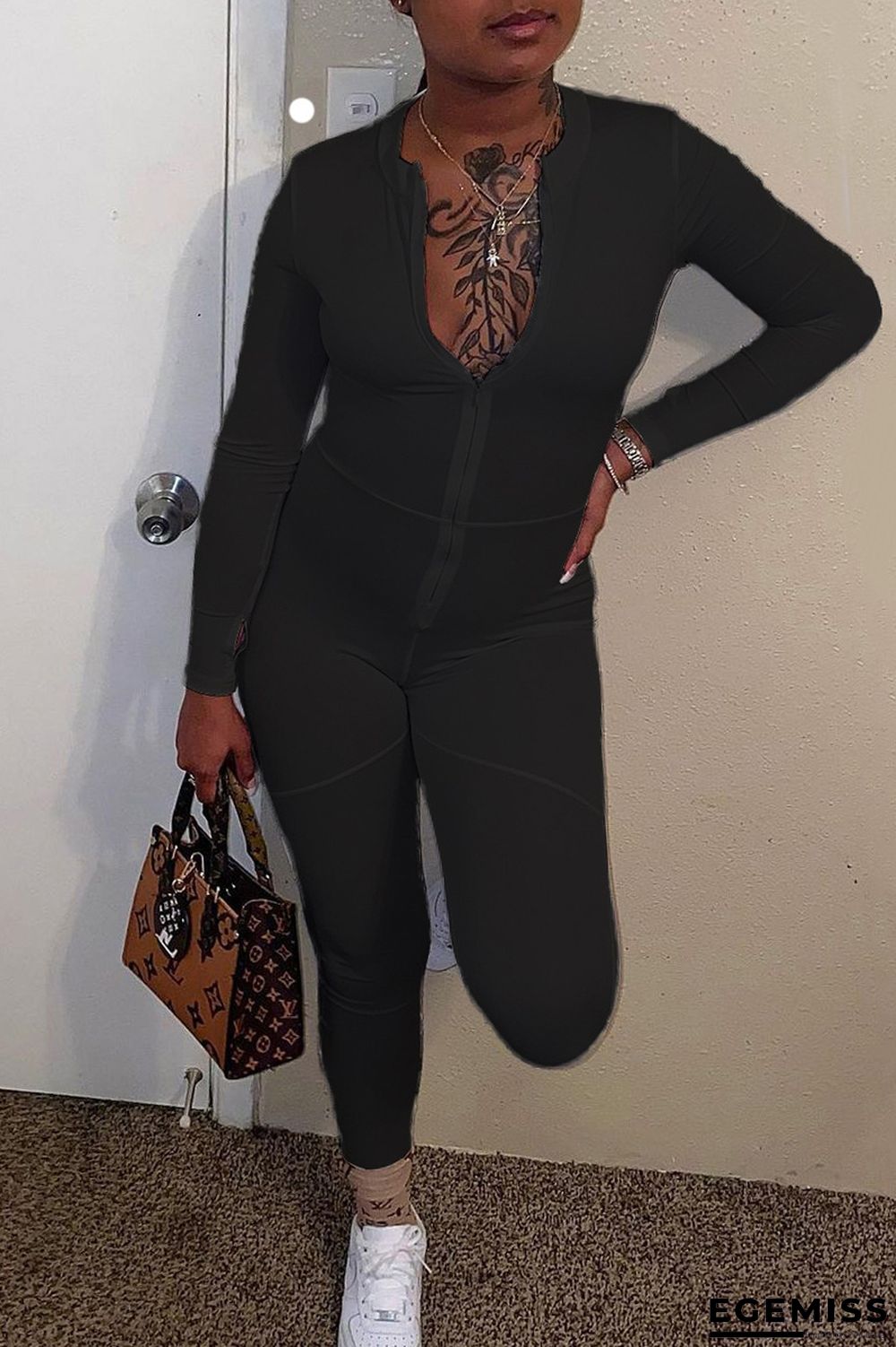 Black Fashion Casual Solid Patchwork Zipper Collar Skinny Jumpsuits | EGEMISS