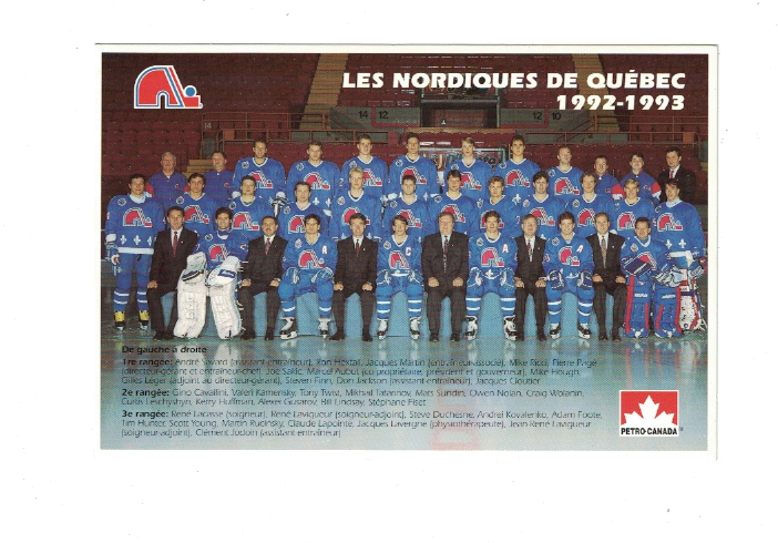 Quebec Nordiques 1992-93 Team Photo Poster painting Postcard Size Photo Poster painting Joe Sakic Mats Sundin