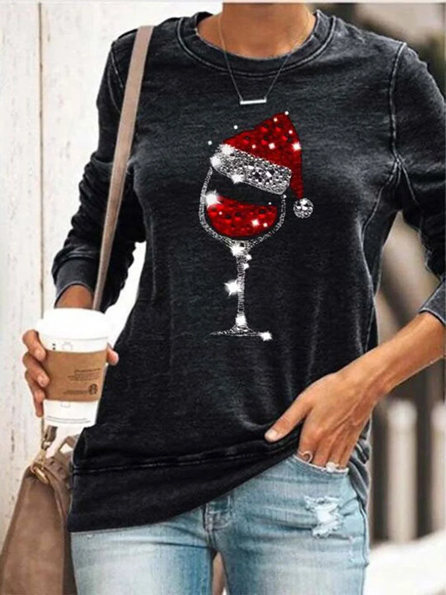 Christmas Wine Glass Print Sweatshirt
