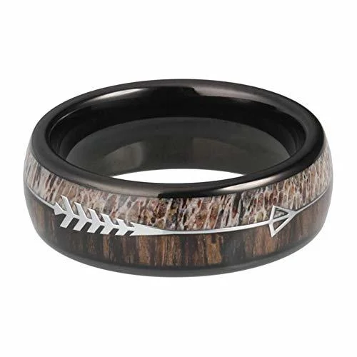 6MM 8MM Women's Or Men's Tungsten Carbide Wedding Matching Rings Black Cupid's Arrow over Wood Inlay with High Polish Antler and Dark Wood Inlay Domed Top