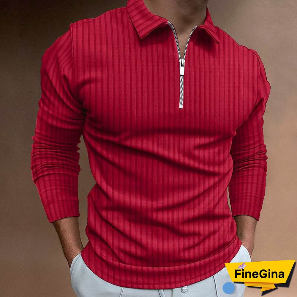 Brown Men's Waffle Solid Color Collar Patchwork Long Sleeve Zipper Shirt