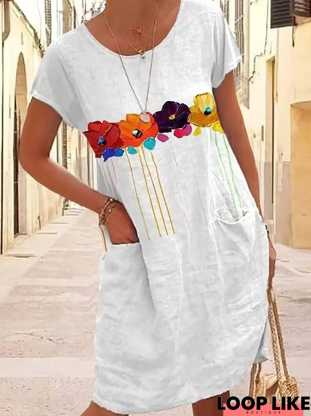Women's Daily Weekend Casual Loosen Floral Pockets Midi Short Sleeve Dress