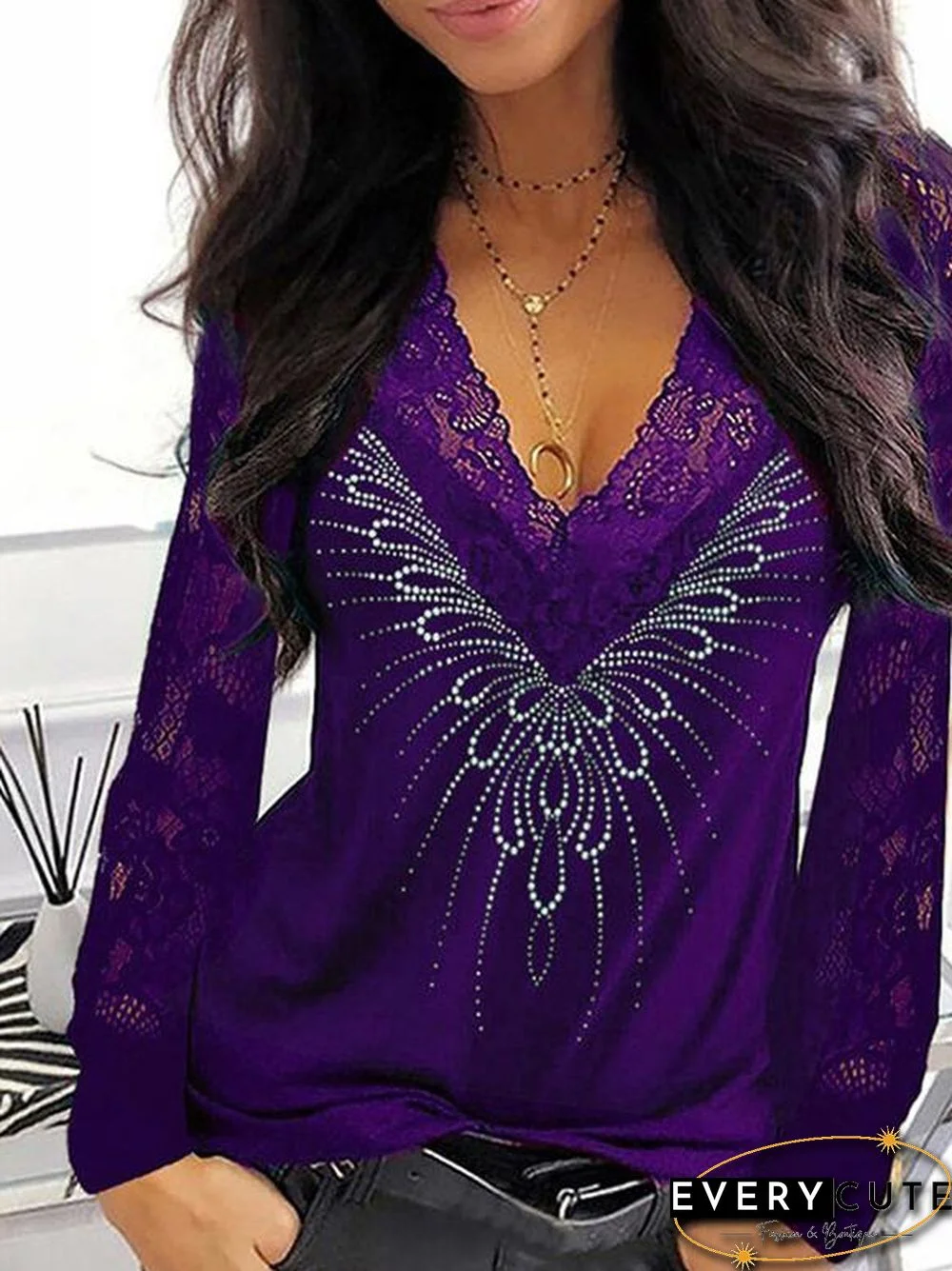 Lace Print V-Neck Long Sleeve T-Shirt