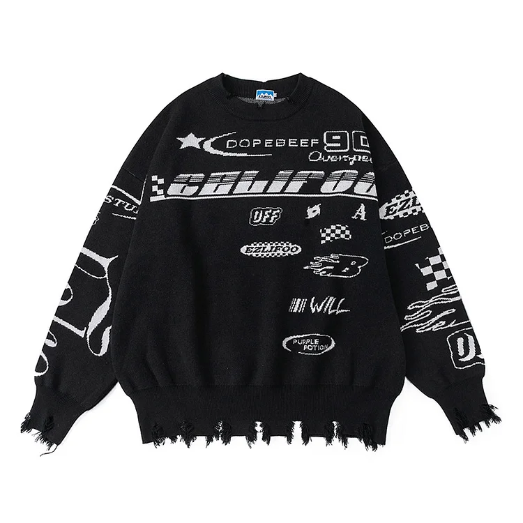Raw Edge Racing Suit Letter Jacquard Black Sweater High Street Hiphop Sweater at Hiphopee