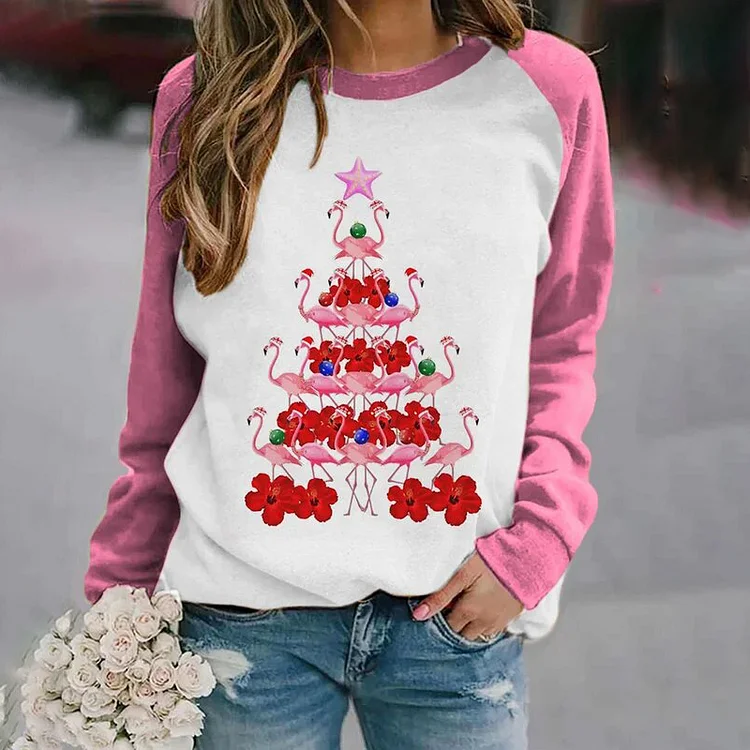 Wearshes Women's Flamingo Christmas Tree Casual Sweatshirt