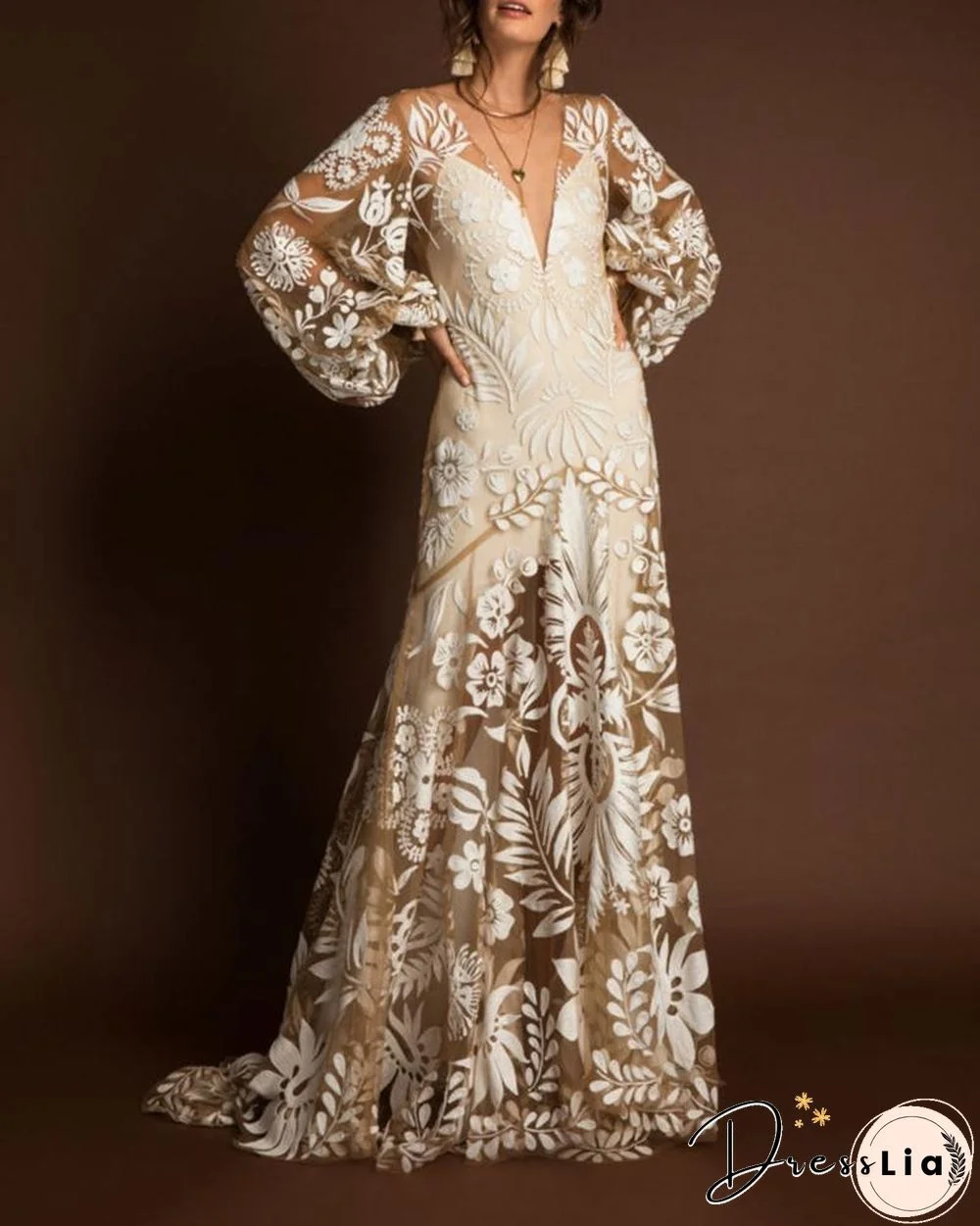 Lace Floral Embroidery Backless Loose Puff Sleeve Maxi Dress P12971