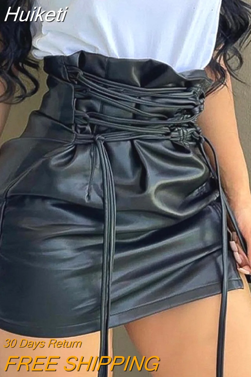 Huiketi High Waist PU Leather Mini Skirt Nightclub Sexy Personality Europe and America Fashion Women's Clothing 2023