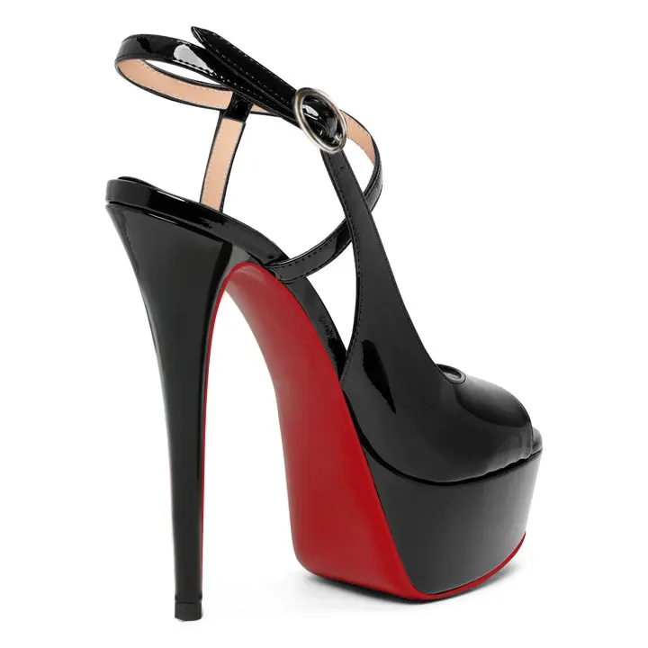 150mm Women Slingback Pumps Patent Ankle Strap Stiletto Peep Toe Dress Red Bottoms Shoes-vocosishoes