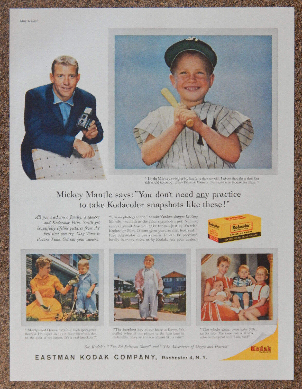 1959 MICKEY MANTLE & SON YANKEES BASEBALL ORIGINAL Photo Poster painting AD EASTMAN KODAK Film