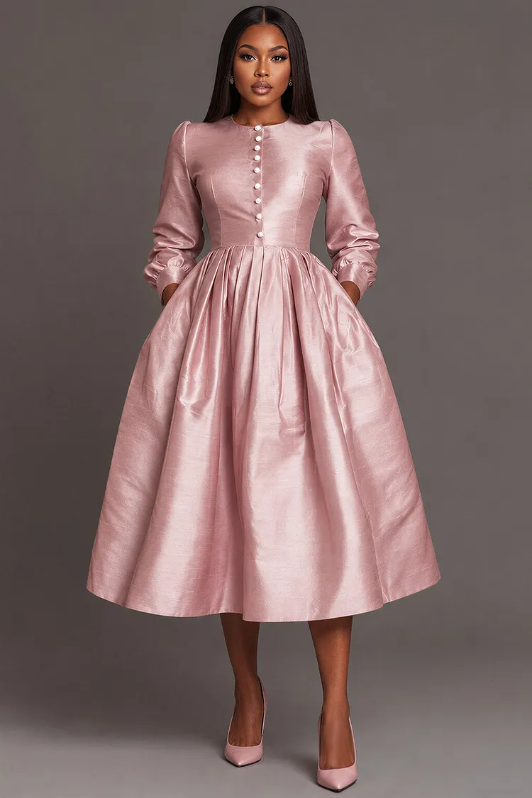 Xpluswear Design Plus Size Wedding Guest Pink Round Neck 3/4 Sleeve Pocket Satin Midi Dresses [Pre-Order] 2024 - Xpluswear