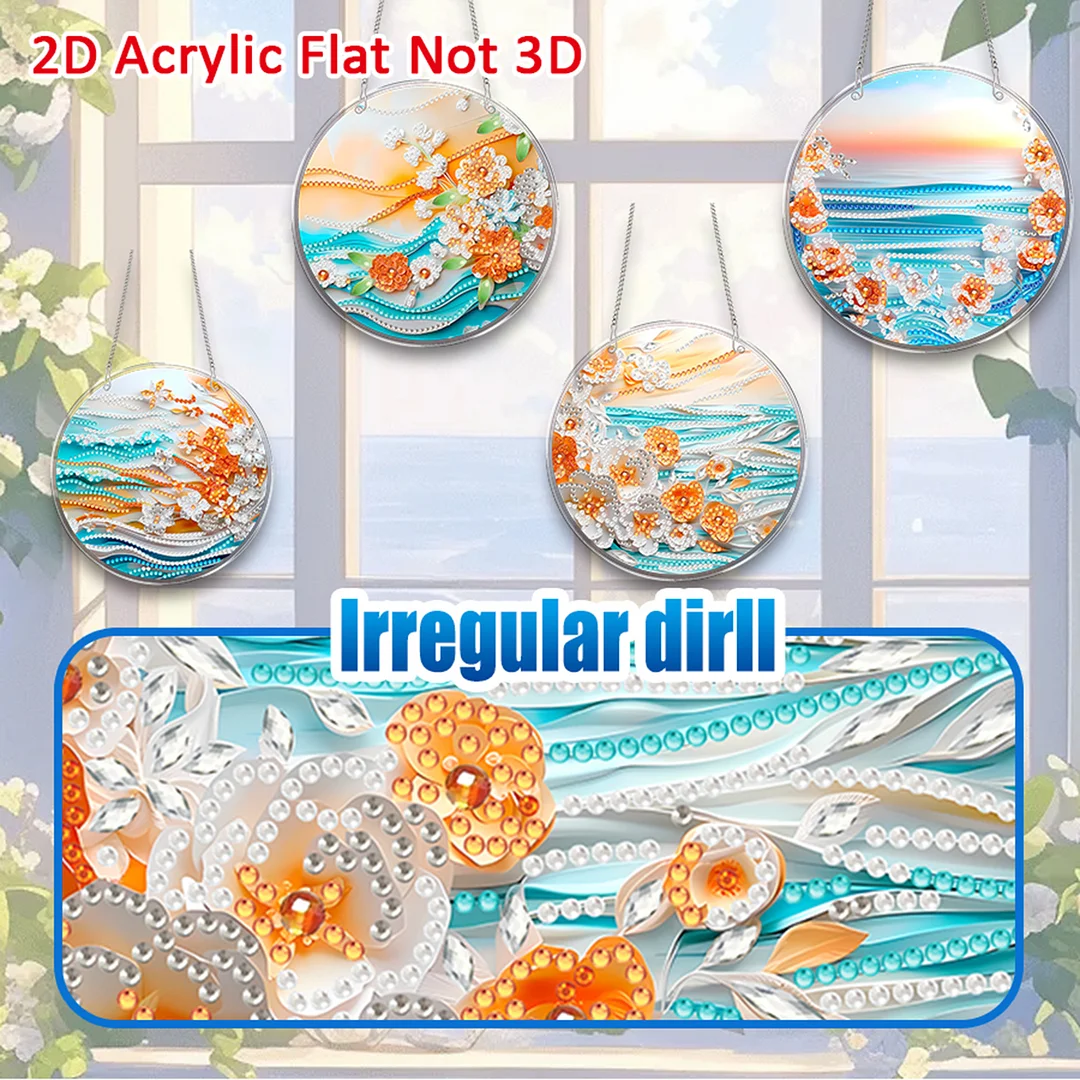 4pcs Beach Flowers DIY 2D Flat Acrylic Diamond Painting Kits Diamond Art Pendant