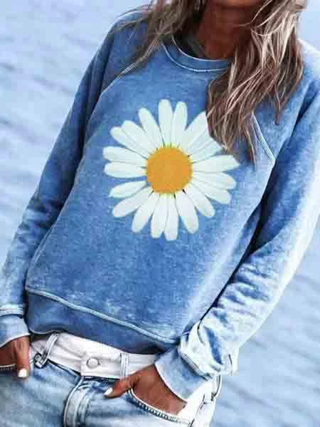 Women Blue Sunflower Printed Cotton-Blend Crew Neck Floral Sweatshirt