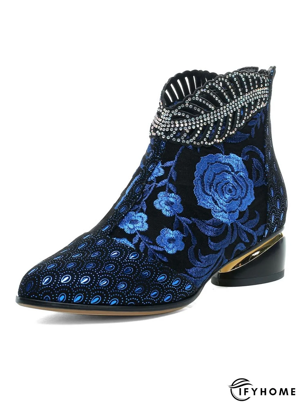 Retro Ethnic Embroidered Rhinestone Chunky Heel Zipper Boots | IFYHOME
