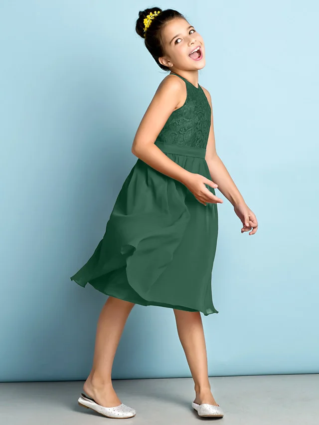 Daisda A-Line Jewel Neck Knee Length  Flower Girl Dress With Lace 