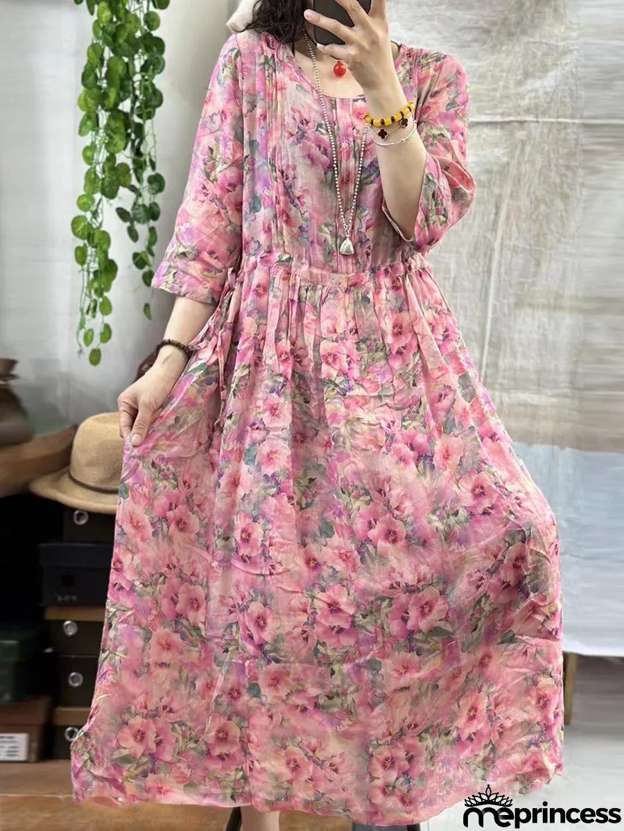 Women Summer Floral Artsy Strap Ramie Dress